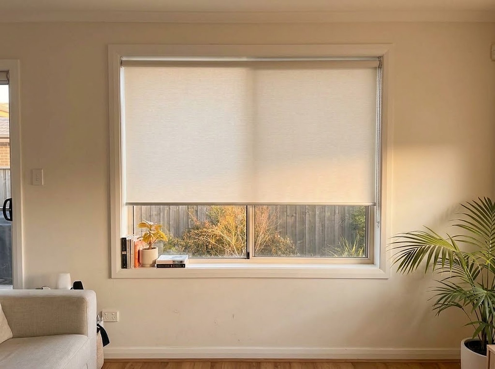 Light roller blind fitted inside a living room window