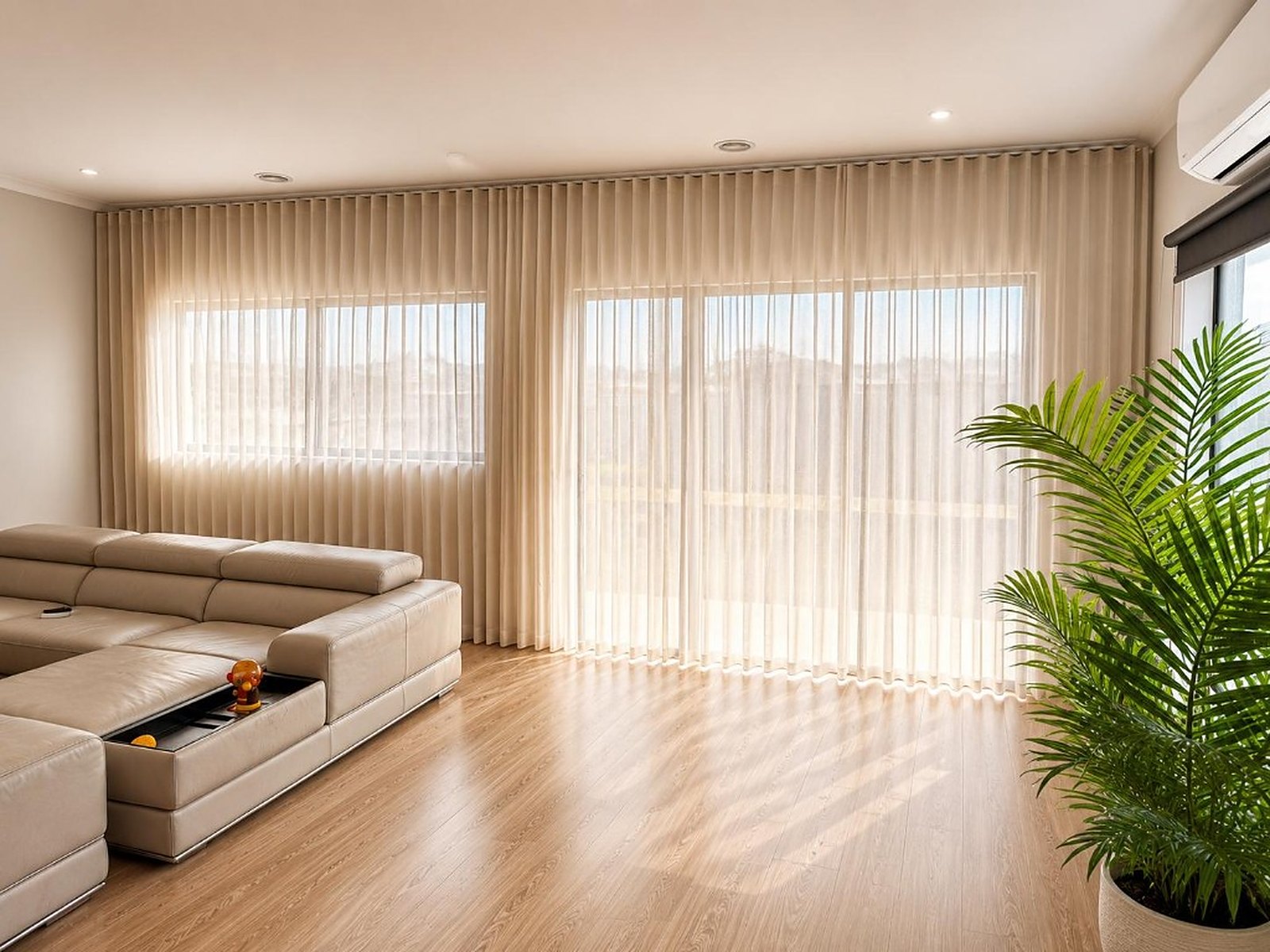 S-fold sheer curtains across a living room window