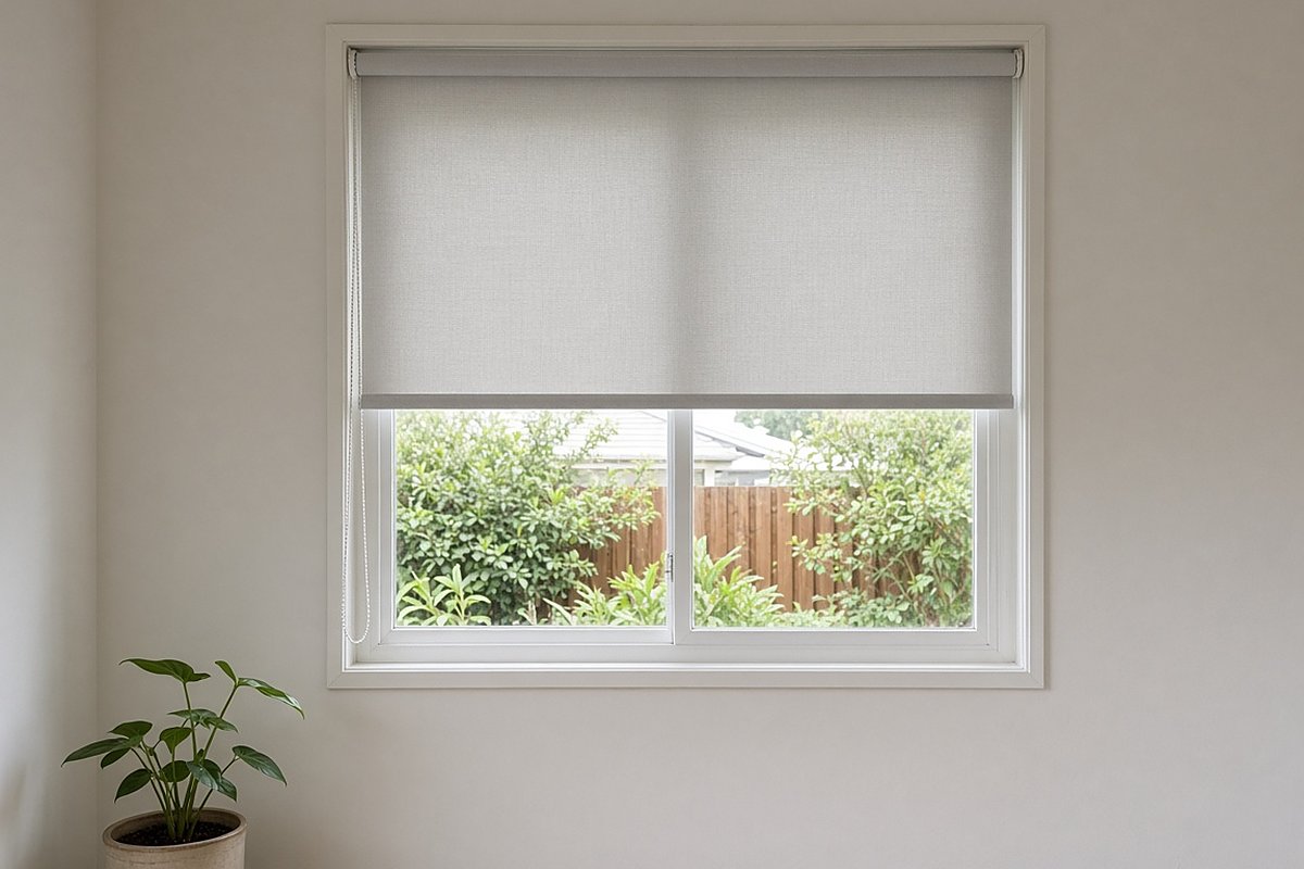 Light grey roller blind installed inside a living room window