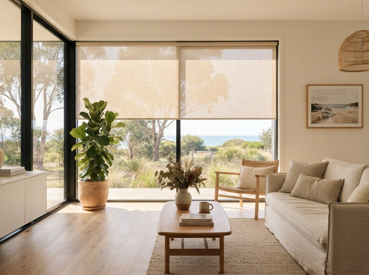 Custom roller blind fitted in a sunlit Australian living room