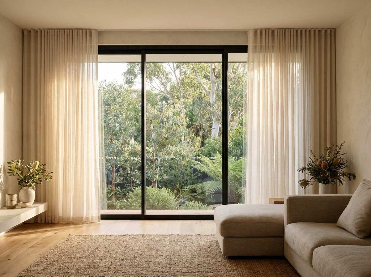 Made-to-measure sheer curtains in a warm Australian interior