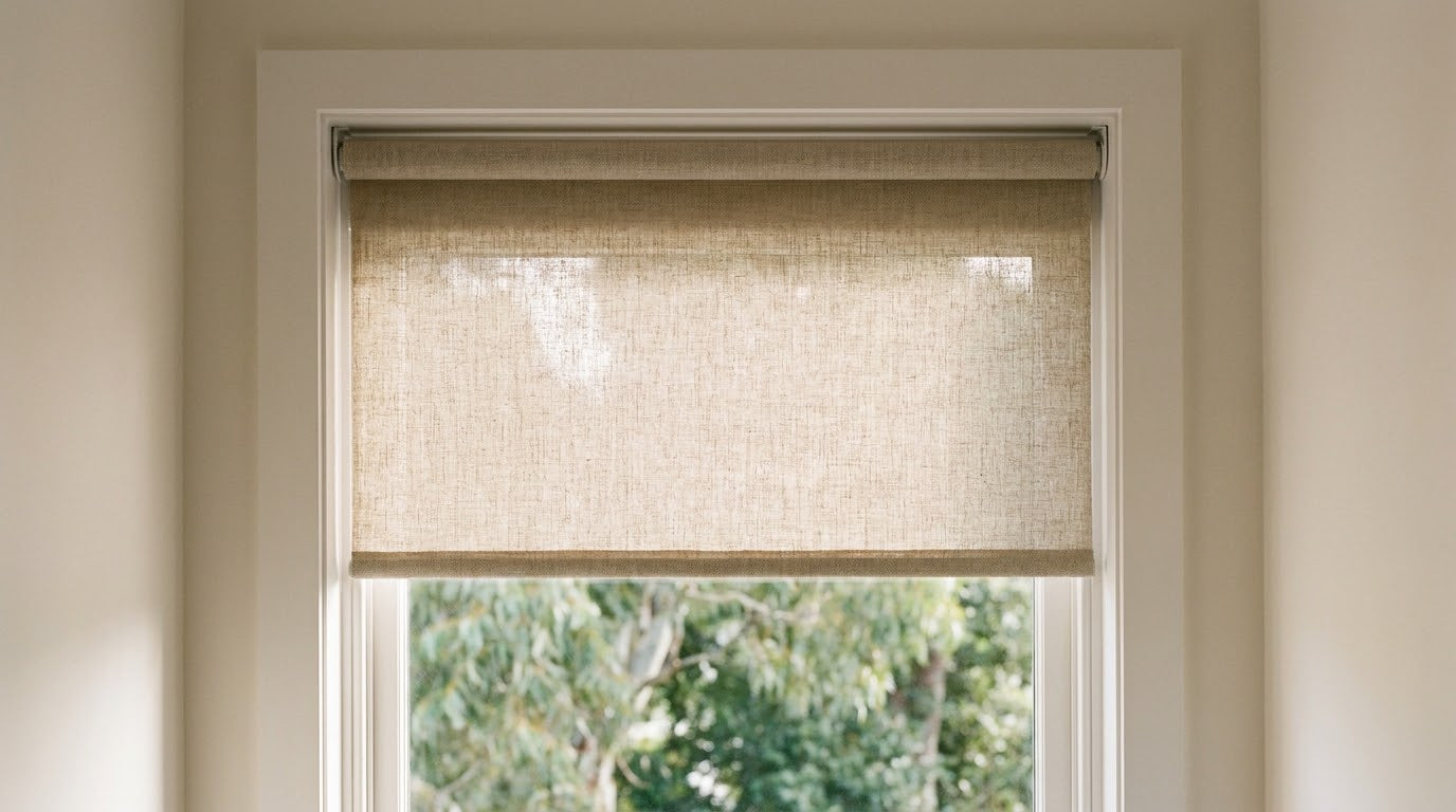 Linen roller blind fitted inside a window