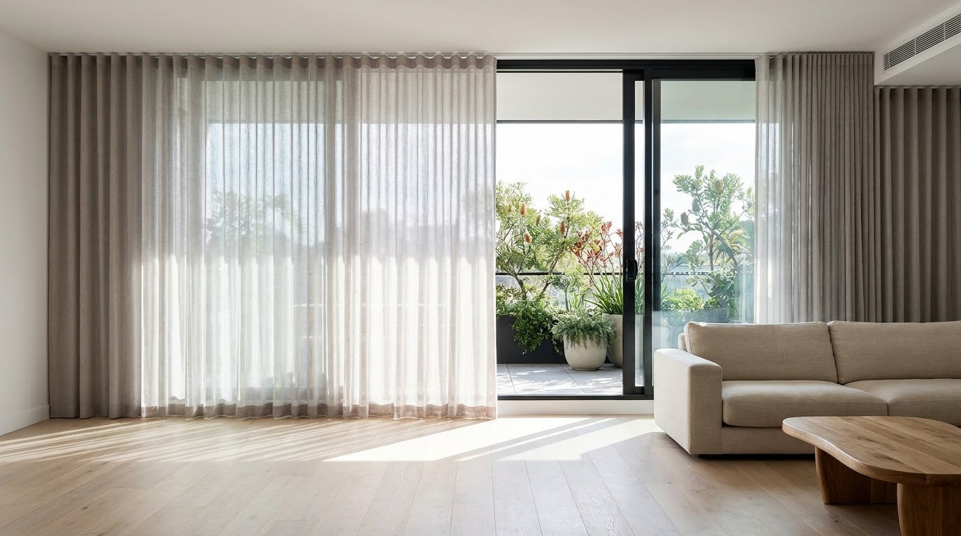 Floor-to-ceiling sheer and blockout curtains beside a sliding door