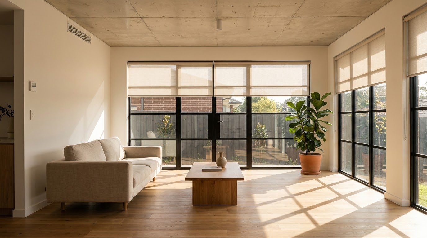 Recessed roller blinds in a sunlit living room